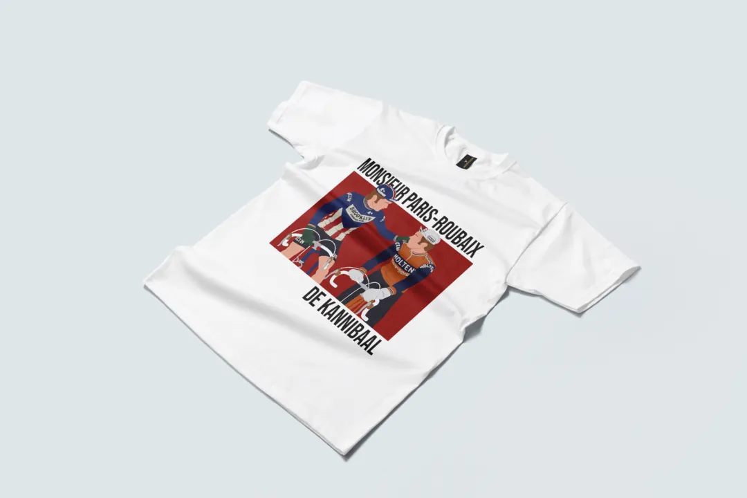 Wit T-shirt met een illustratie van Monsieur Paris-Roubaix en De Kannibaal