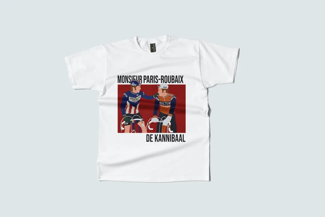 Voorkant van een wit T-shirt met een illustratie van Monsieur Paris-Roubaix en De Kannibaal